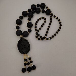 🌋Lava Rock Pendant, Lava Round Beads w/ Gold & Black Glass Beaded Necklace 30"